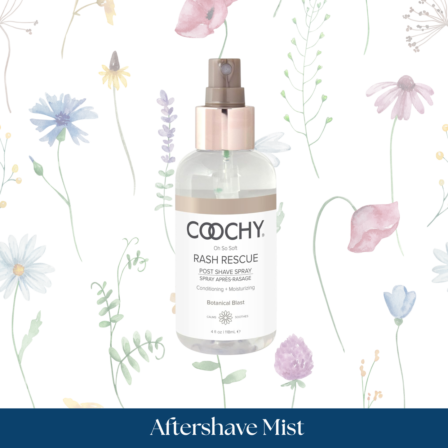Coochy aftershave mist bottle with floral background