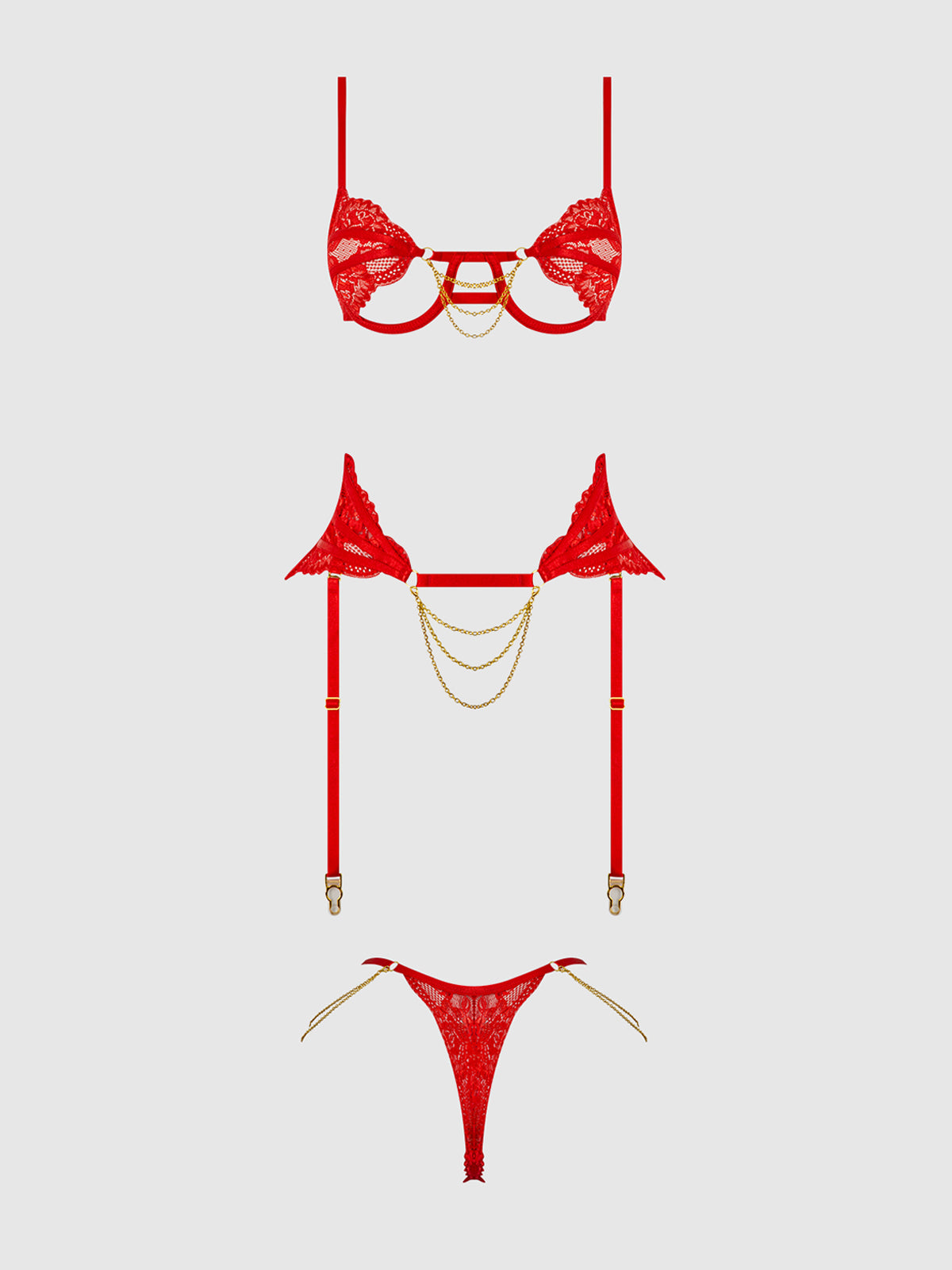 CECILY LACE & CHAIN BRA, GARTER & G-STRING SET