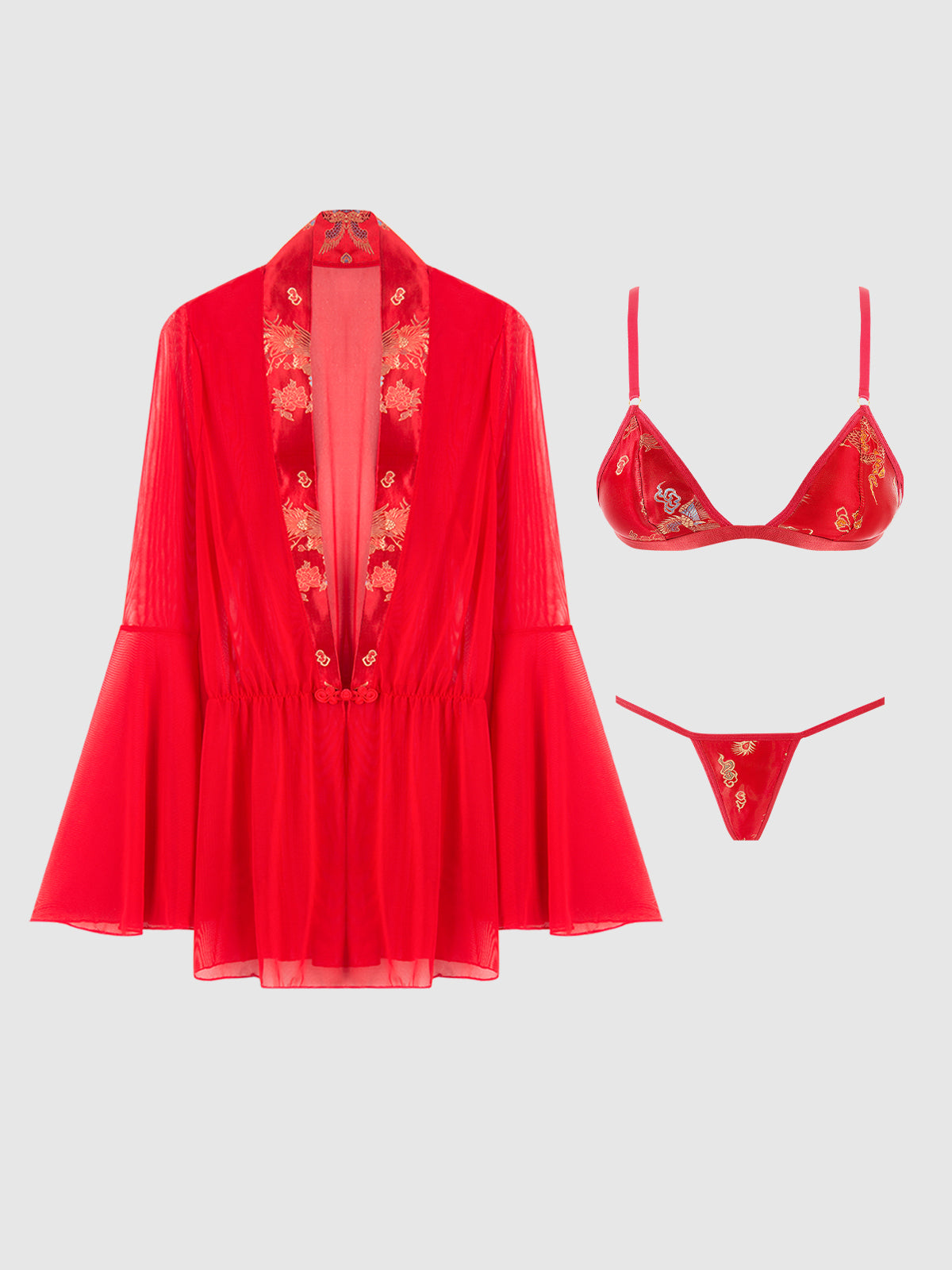 DRAGON SHEER ROBE WITH SATIN BRA & G-STRING SET