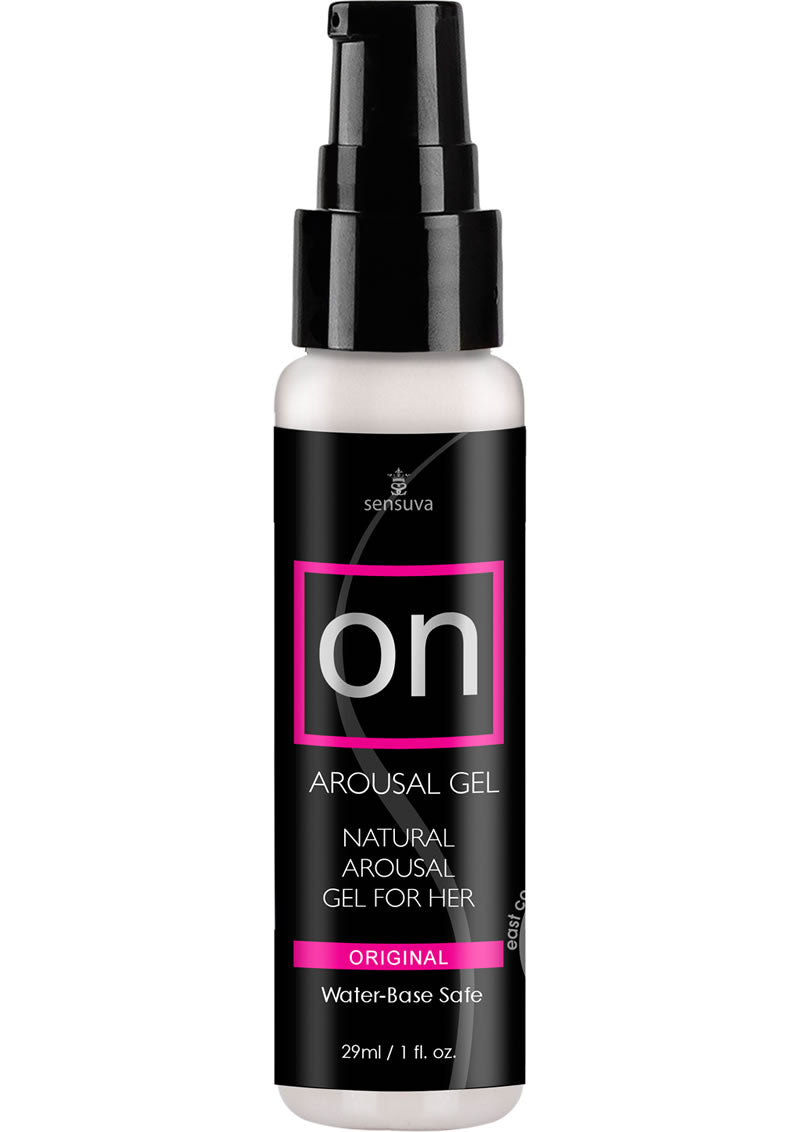 Bottle of arousal gel with black and white label on a white background