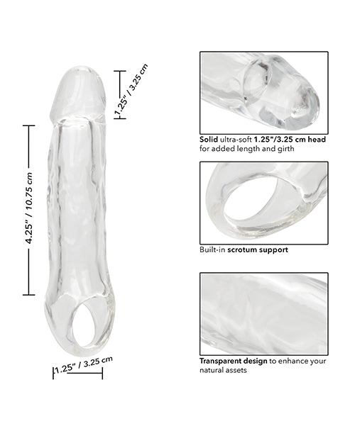 Clear product with measurements and features on a white background