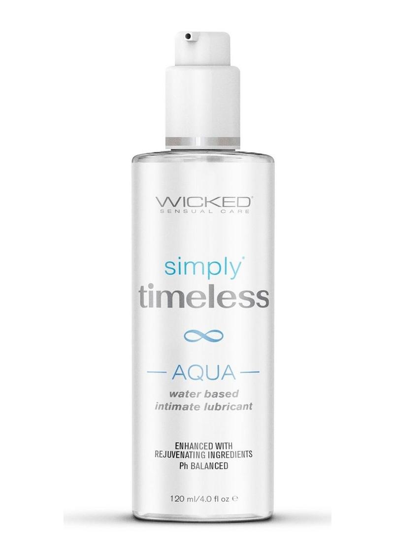 Wicked Sensual Care bottle of 'Simply Timeless Aqua' lubricant on a white background