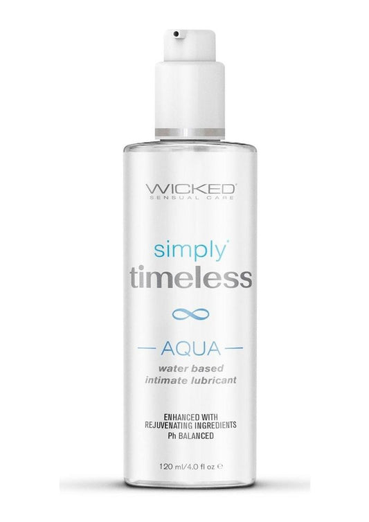 Wicked Sensual Care bottle of 'Simply Timeless Aqua' lubricant on a white background