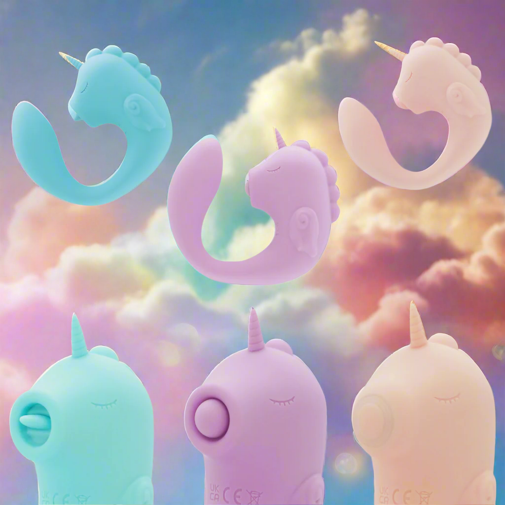Set of three silicone animal-shaped items in blue, purple, and pink on a white background