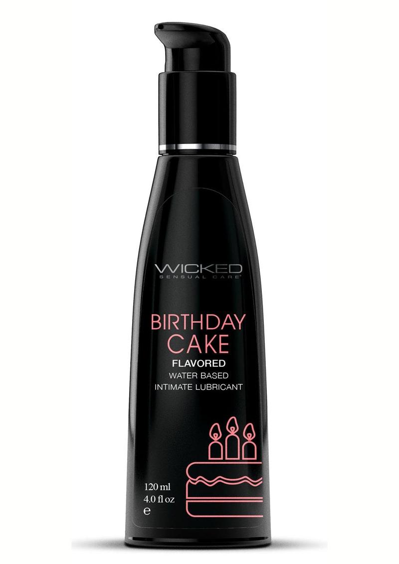 Black bottle of Wicked Sensual Care Birthday Cake flavored intimate lubricant on a white background
