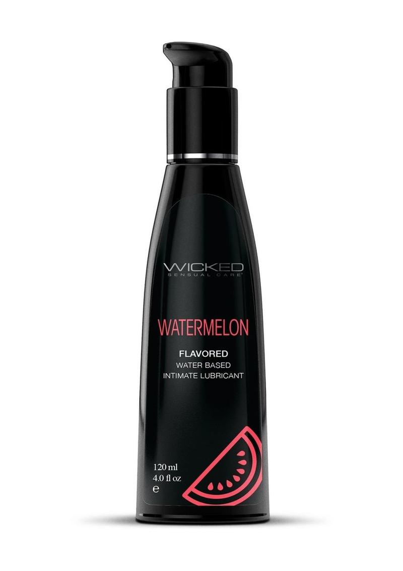 Black bottle of Wicked Watermelon flavored lubricant on a white background