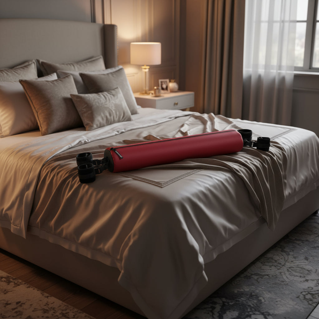 Red cylindrical foam pad with black straps on a bed