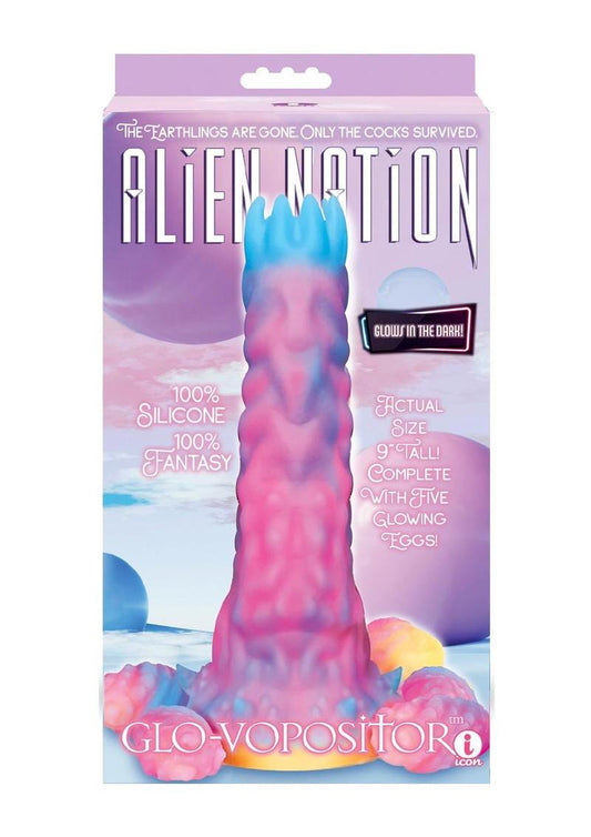 Alien Nation Glo-Vopositor Silicone Glow in the Dark Dildo with Eggs - Pink/Blue