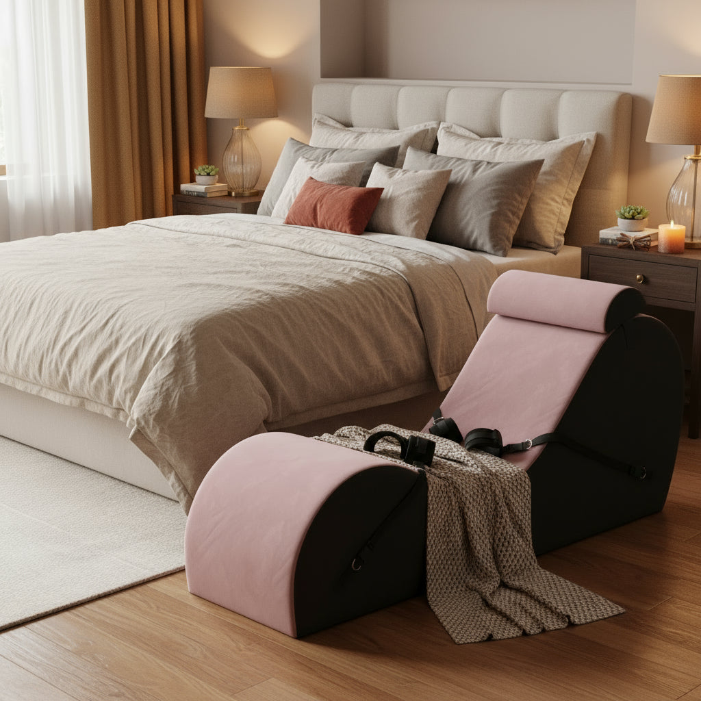 Black and pink yoga positional aide with buckles beside a bed.