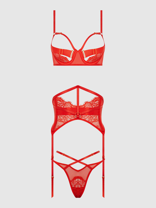 NADIA LACE & MESH BRA, GARTER & G-STRING SET