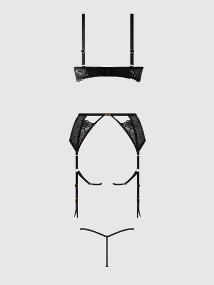 ROSALIE EMBROIDERED LACE OPEN-CUP BRA, GARTER & G-STRING SET