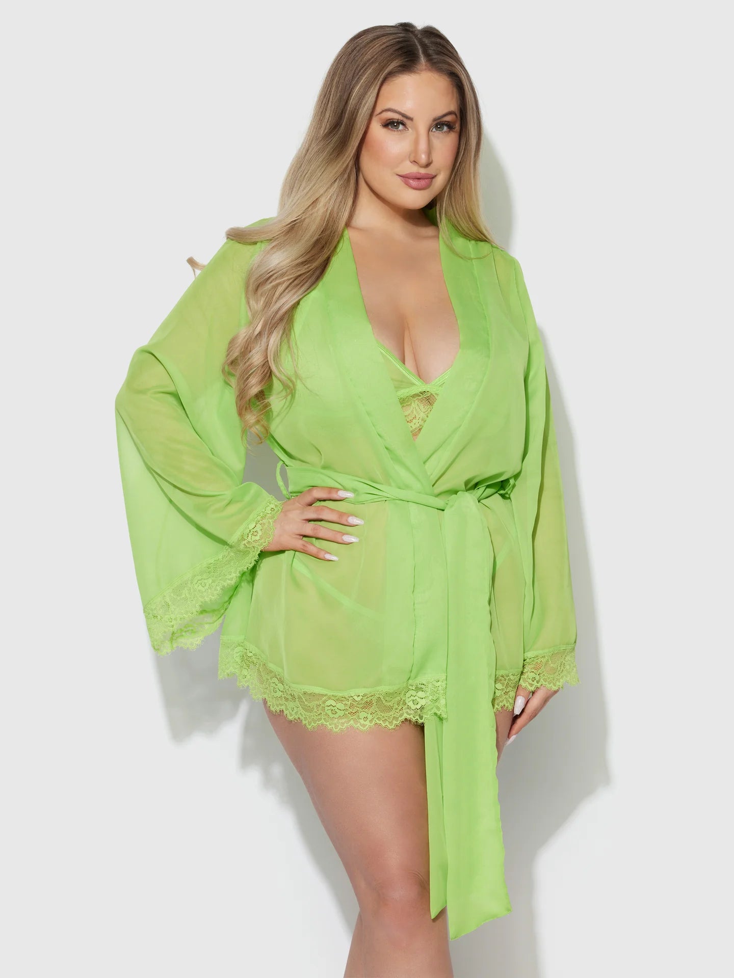 Shavon Lace & Chiffon Robe, Bralette & G String Set