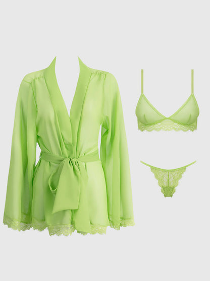 Shavon Lace & Chiffon Robe, Bralette & G String Set