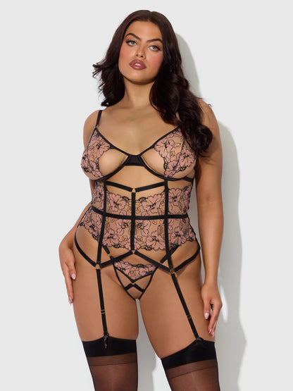 Nova Blacklight Lace Corset & Crotchless G String Set