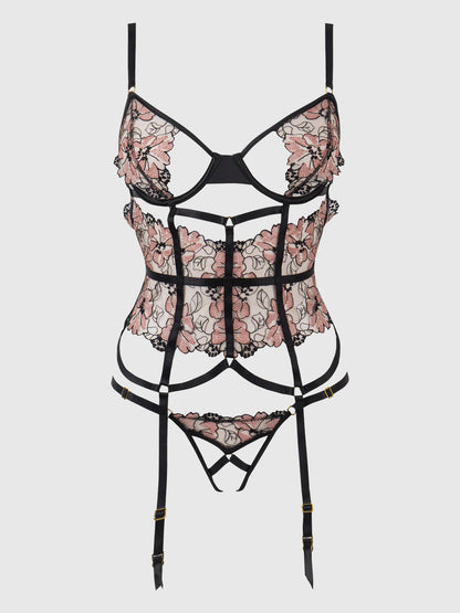 Nova Blacklight Lace Corset & Crotchless G String Set