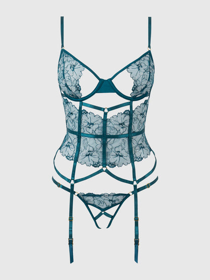 Nova Blacklight Lace Corset & Crotchless G String Set