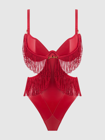 PHOENIX FAUX LEATHER & FRINGE CROTCHLESS TEDDY