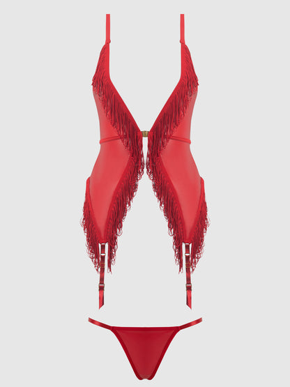 PHOENIX FAUX LEATHER & FRINGE CHEMISE & G-STRING SET