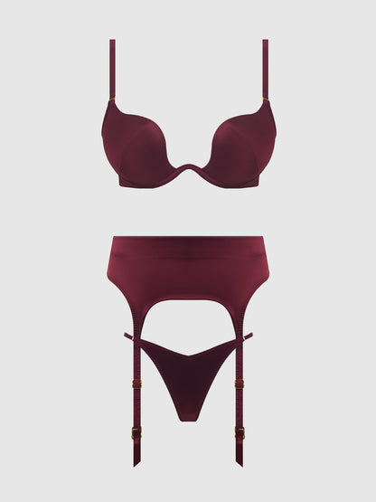 BRIGETA SATIN DEEP PLUNGE PUSH UP BRA, GARTER & THONG SET