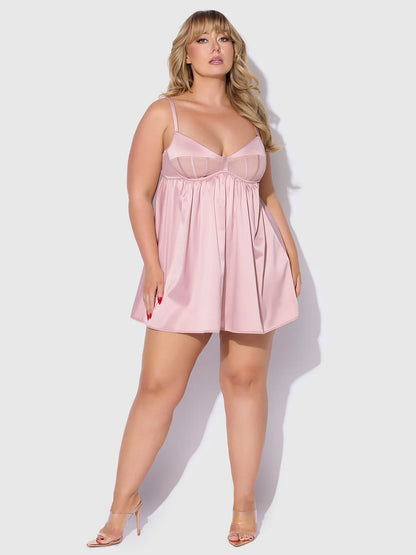 Brigeta Satin & Mesh Corsetted Baydoll & G String Set