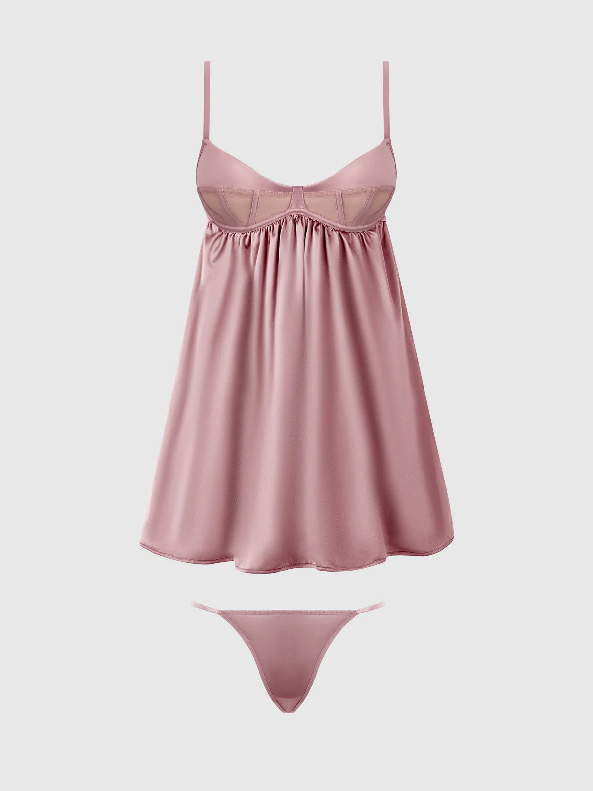 Brigeta Satin & Mesh Corsetted Baydoll & G String Set