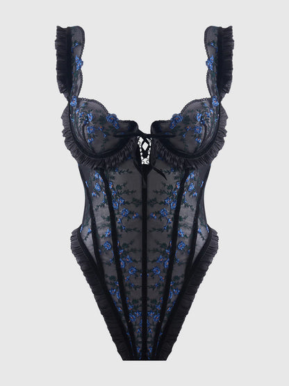 Harper Embroidered Mesh & Ruffle Teddy