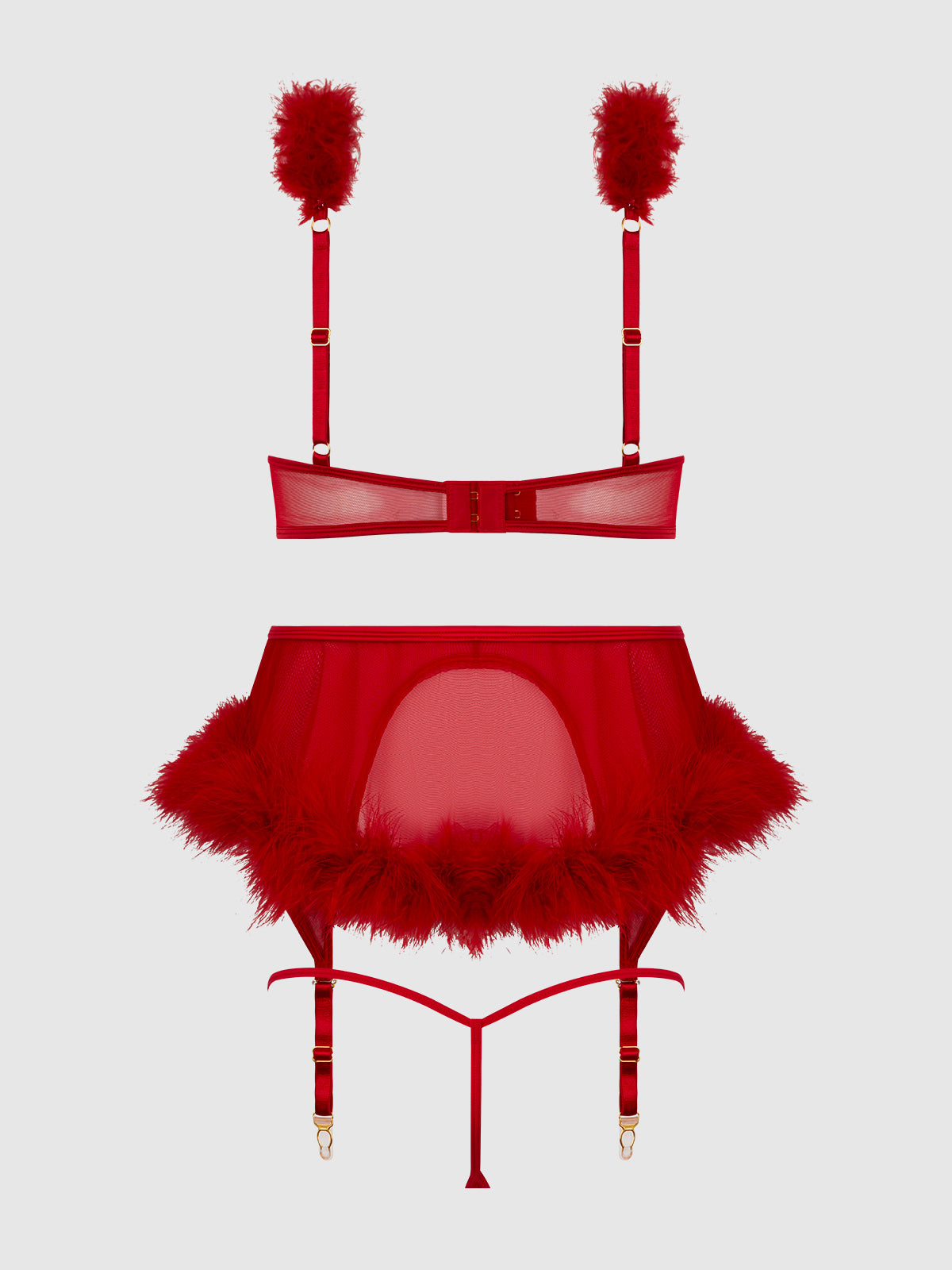 MARILYN MARABOU & MESH OPENABLE BRA, GARTER, & G-STRING SET