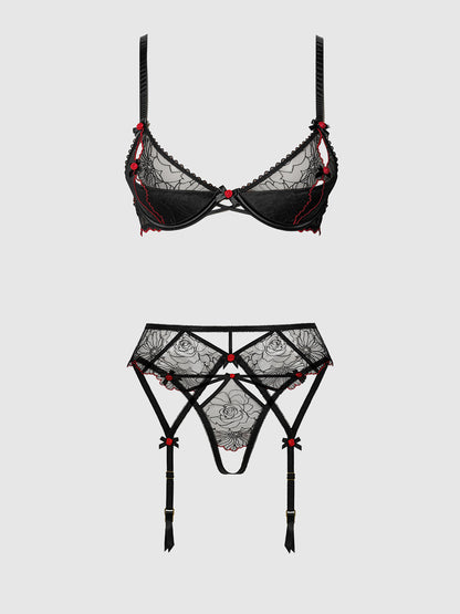 ILENA EMBROIDERED TULLE BRA, GARTER & CROTCHLESS BIKINI