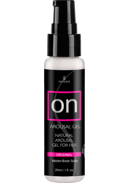 Bottle of arousal gel with black and white label on a white background