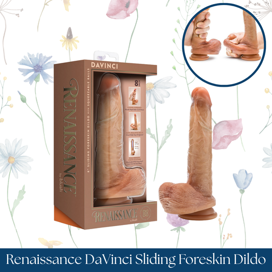Renaissance DaVinci Sliding Foreskin Dildo with Squeezable Balls 8 in. Tan
