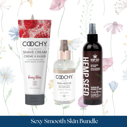 Three Coochy skincare products on a floral background with 'Sexy Smooth Skin Bundle' text.