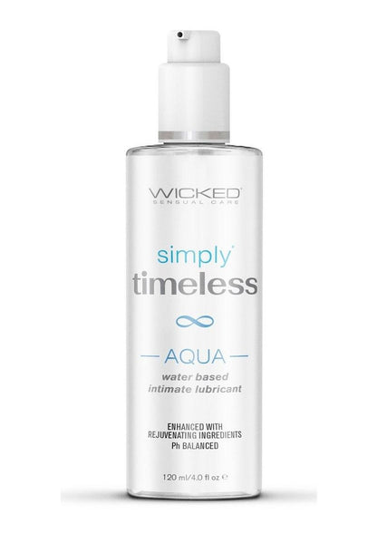 Wicked Sensual Care bottle of 'Simply Timeless Aqua' lubricant on a white background